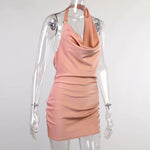 Back view of a women's satin backless party dress