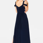 Long pleated women's dress with short sleeves and a natural waistline