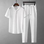 Men's summer 2-piece leisure suit with short sleeve top and drawstring trousers