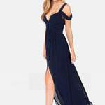 Women's solid color pleated dress with an elegant floor-length silhouette